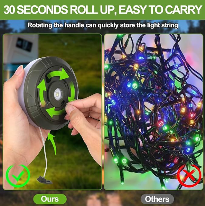 Solar Camping String Lights 4-in-1, Rechargeable Outdoor Lantern with Hanging Light & Flashlight for Tent, Hiking, BBQ, Emergency