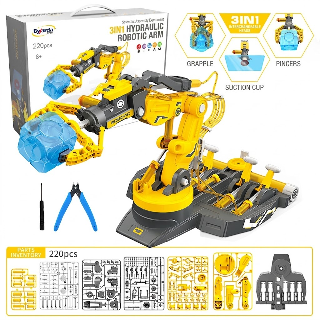 Hydraulic Robotic Arm Kit for Kids - 220PCS STEM Engineering Building Toy DIY Science Experiment Gift